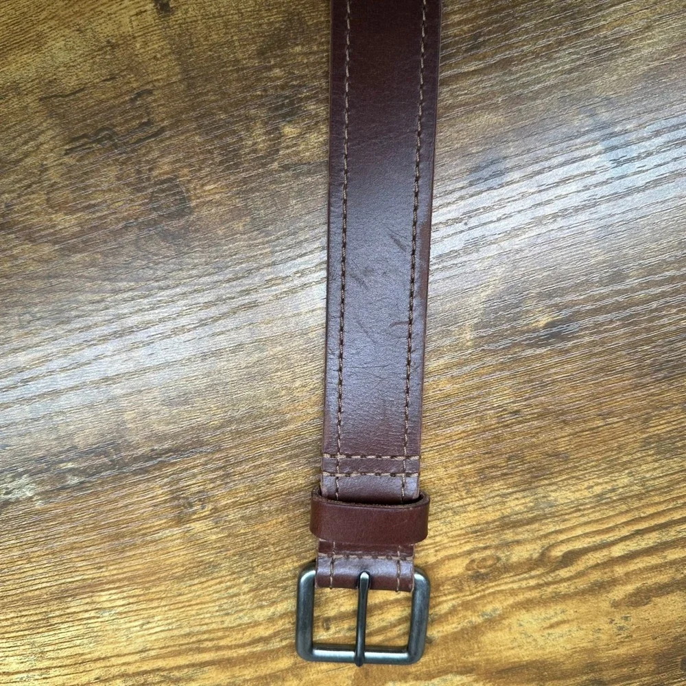 American Eagle Mens Brown Genuine Leather Belt Contrast Stitch Metal Buckle